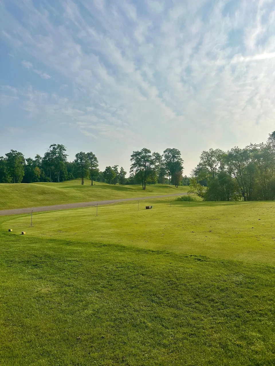 Driving range from the practice tee with ball field stretching into the treeline