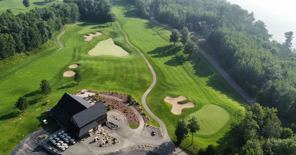Aerial view of the Golden Eagle clubhouse and surrounding fairways
