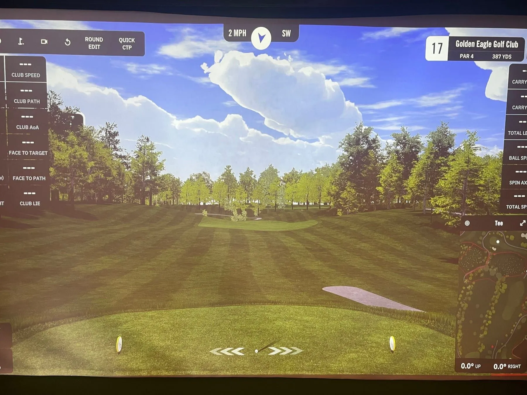 Close-up of the GSPro simulator screen showing the 17th hole at Golden Eagle — par 4, 387 yards — with shot data overlays for club speed, face angle, and ball flight