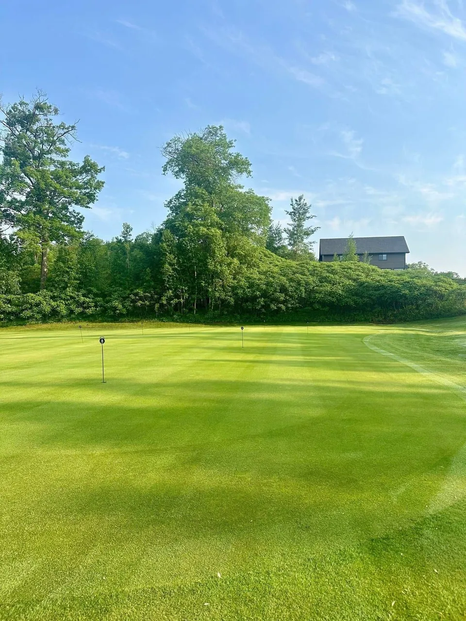 Putting green ringed with bunkers in late-day sun